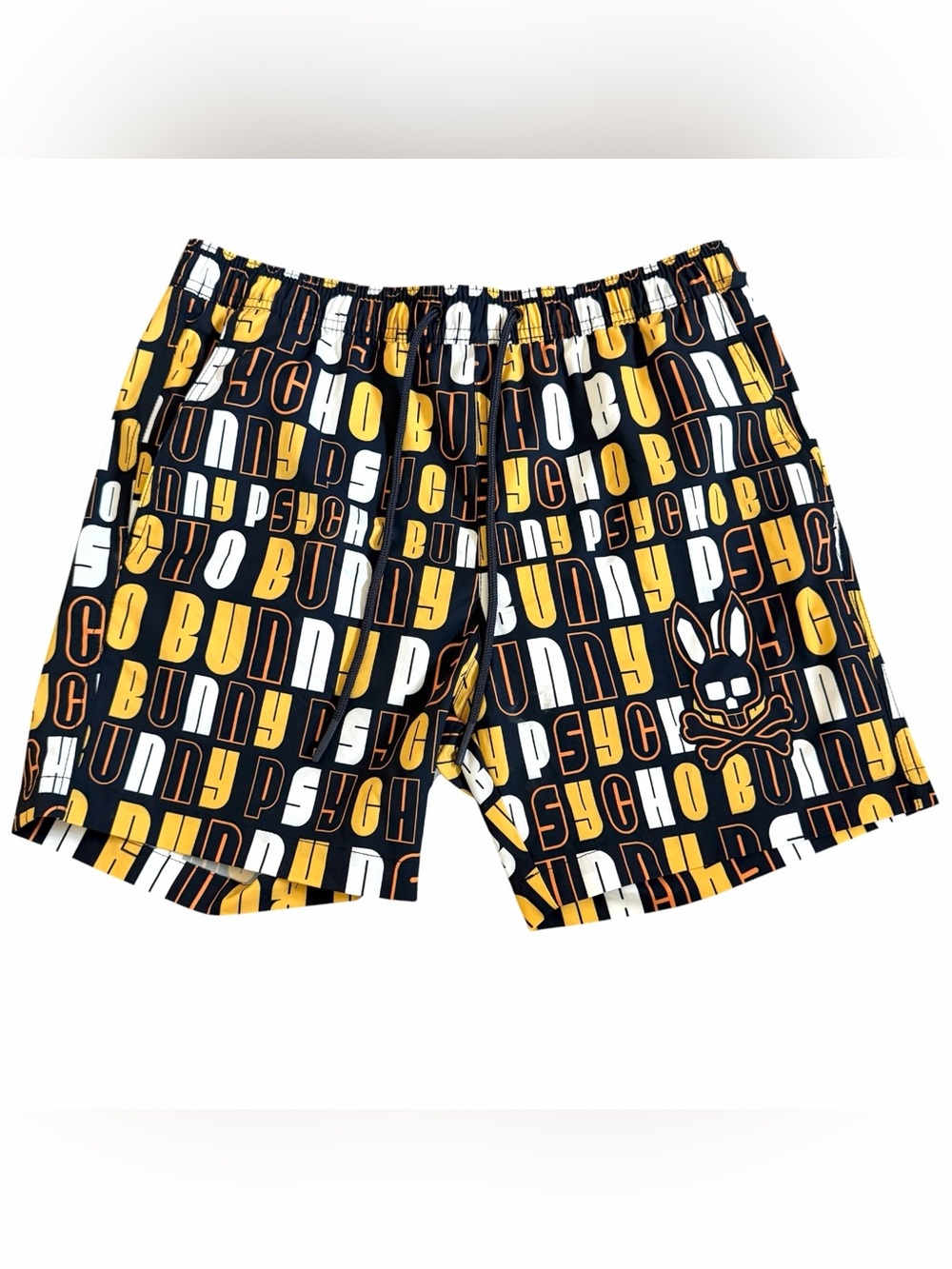 Psycho Bunny Men’s Swim Trunks Lined Shorts Sz S Spellout 5” Inseam Blue Yellow